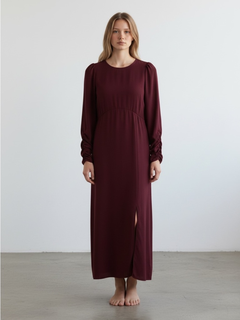 NWT Express Boat Neck Maxi Ruched Puff Sleeve Long Dress Wine/Burgundy Sz. Small